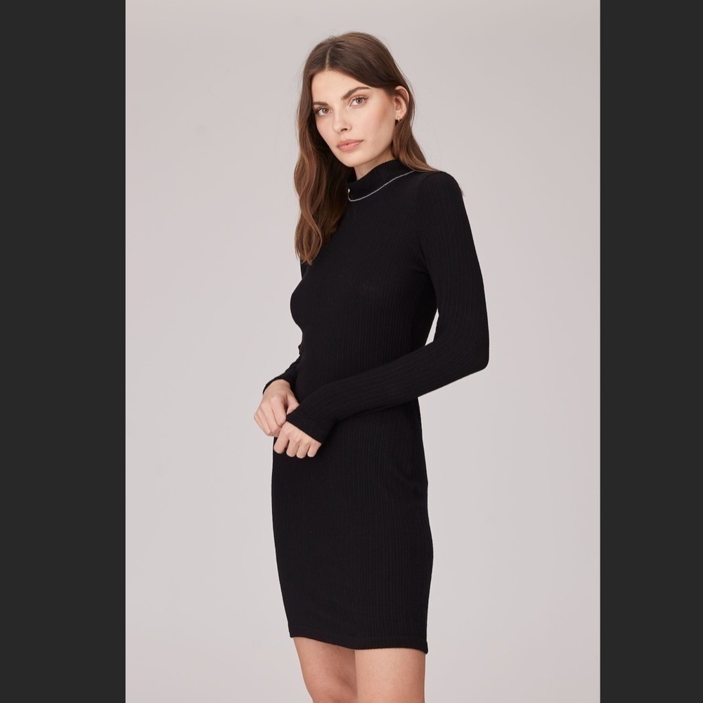 NWT REVOLVE LNA Black Stacey Stretch Ribbed Long Sleeve High Neck Short Dress XS